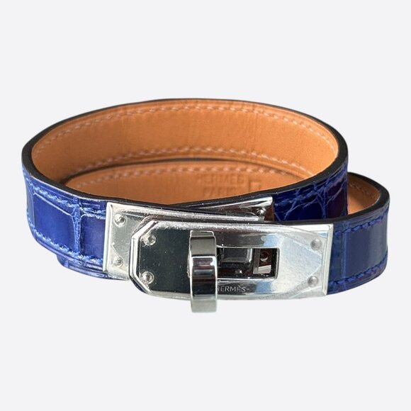 Hermes Blue Crocodile & Palladium Hardware Kelly Double Tour Bracelet